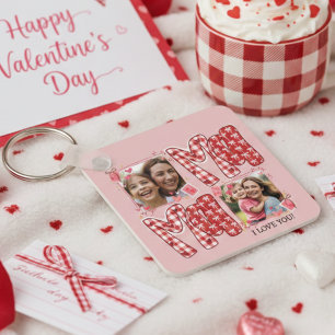 Mom and Child Photo Red Plaid Valentine Hearts Keychain