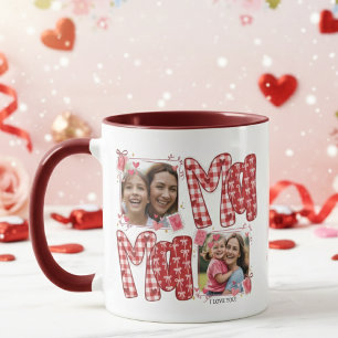Mom and Child Valentine Hearts Pink Red Plaid Mug