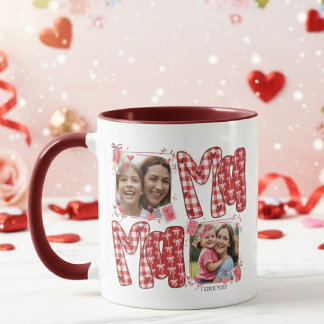 Mom and Child Valentine Hearts Pink Red Plaid Mug