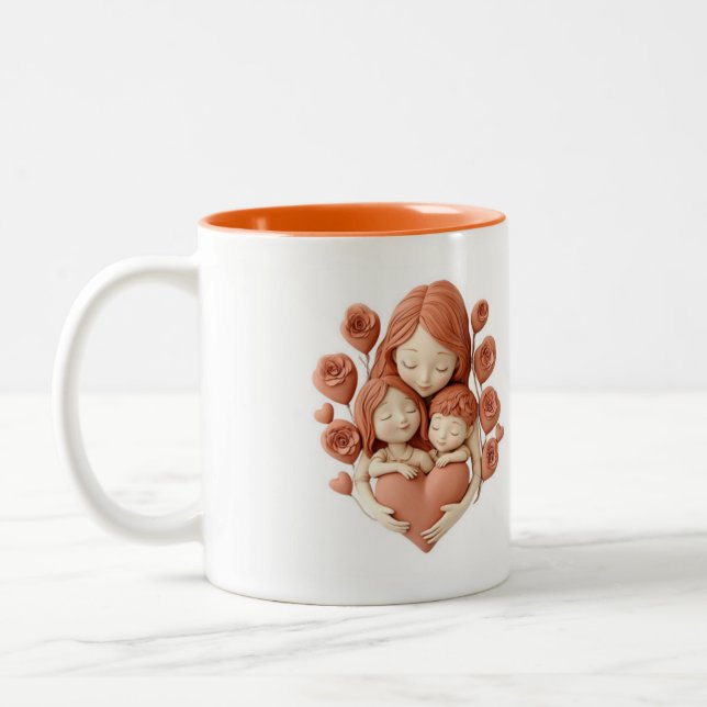 Mom and Children - 3d Ceramic Art Two-Tone Coffee Mug (Left)