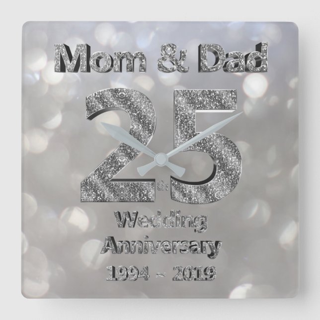 Mom and Dad 25th Silver Wedding Anniversary 2019 Square Wall Clock (Front)