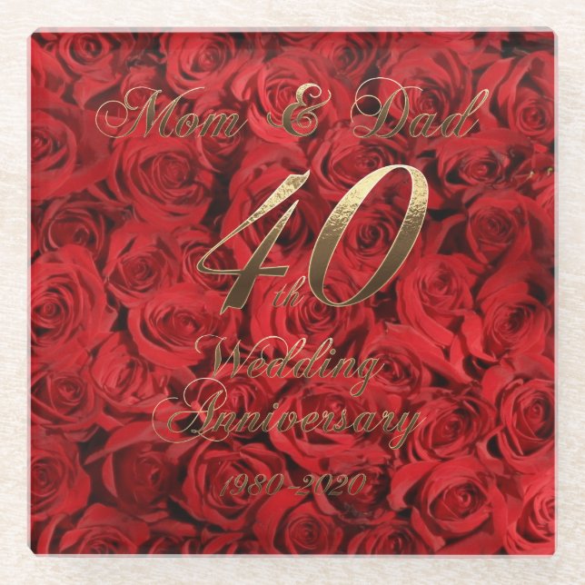 Mom and Dad 40th Wedding Anniversary Keepsake Glass Coaster (Front)