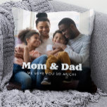 Mom and Dad | Boho Text Overlay with Two Photos Throw Pillow<br><div class="desc">This simple and stylish pillow for your parents features two of your personal family photos, along with the words "Mom & Dad" in boho white modern typography and a spot to add your names and the year on the back. Text as presented says "we love you so much", but you...</div>