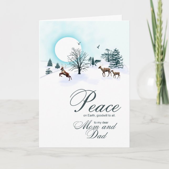 Mom and dad, Christmas scene with reindeer Holiday Card (Front)