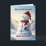 Mom and Dad Christmas Snowman  Holiday Card<br><div class="desc">A festive winter scene showing a cheerful snowman in a red hat and scarf. Wish your mom and dad a merry Christmas with a lovely snowman card.</div>