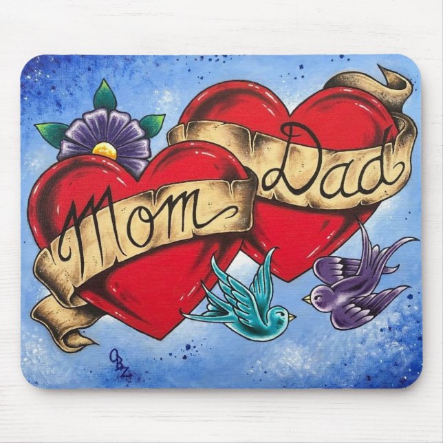 “Mom and Dad” Hearts with Ribbon Art Mouse Pad (Front)
