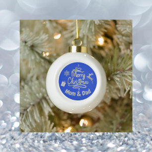 Mom and Dad Merry Christmas Silver on Blue   Ceramic Ball Christmas Ornament
