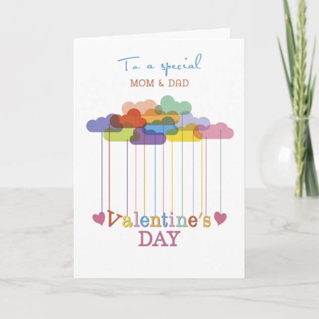 Mom and Dad Valentine Rainbow Clouds and Hearts Holiday Card (Front)