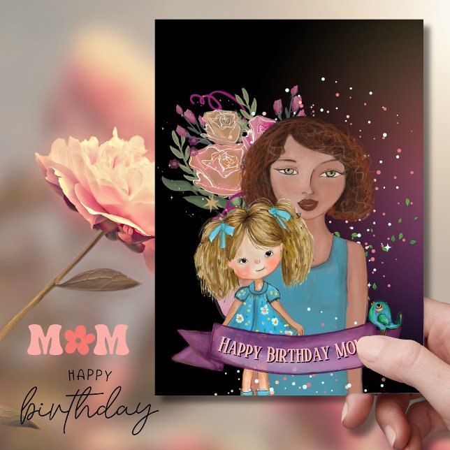 Mom and Daughter Illustration floral Birthday Card (Mom and Daughter Illustration floral Birthday Card)
