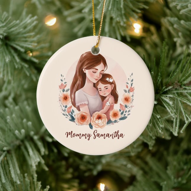 Mom and Daughter with Rose Wreath Ceramic Ornament (Tree)
