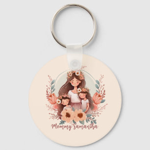 Mom and Daughters with Floral Background Keychain
