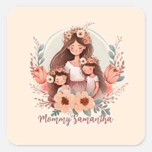 Mom and Daughters with Floral Background Square Sticker