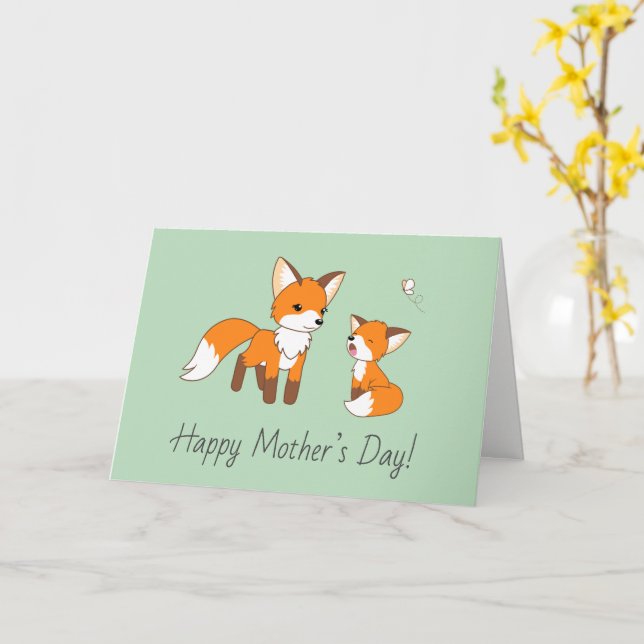 Mom and Kit Fox Mother’s Day Green Blank Card (Yellow Flower)