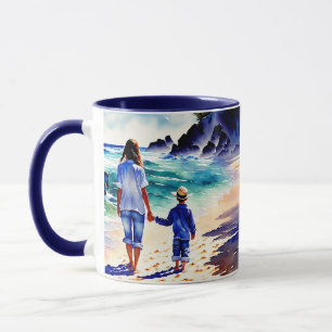 Mom and Son Walking at the Beach Mug