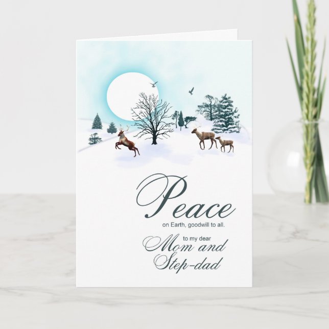 Mom and step-dad, Christmas scene with reindeer Holiday Card (Front)