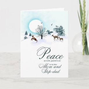Mom and step-dad, Christmas scene with reindeer Holiday Card