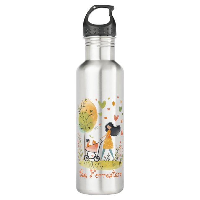 Mom and Twins on Stroller 710 Ml Water Bottle (Front)
