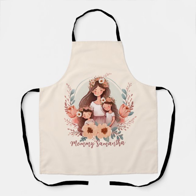 Mom and Two Daughters in Floral Frame Apron (Front)