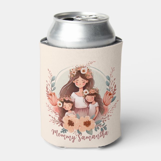 Mom and Two Daughters in Floral Frame Can Cooler (Can Front)