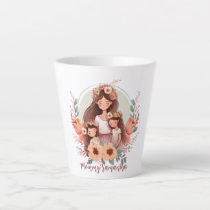 Mom and Two Daughters in Floral Frame Latte Mug
