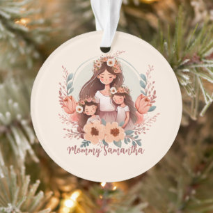 Mom and Two Daughters in Floral Frame Ornament