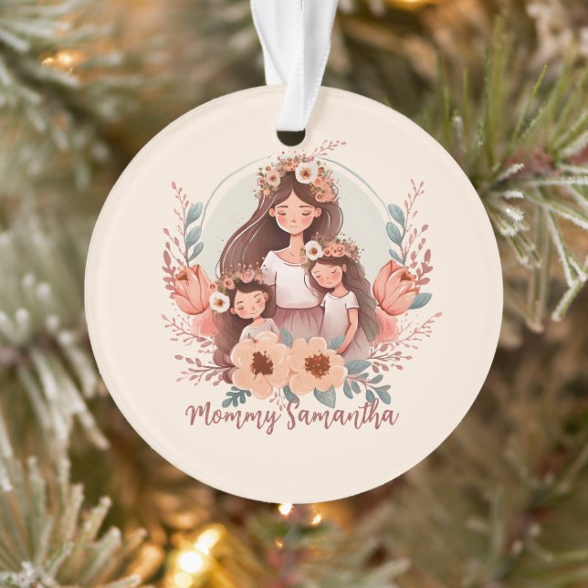 Mom and Two Daughters in Floral Frame Ornament (Tree)