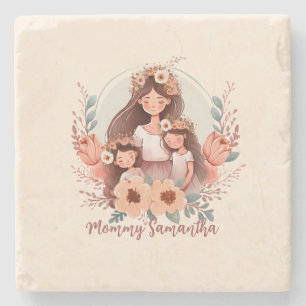 Mom and Two Daughters in Floral Frame Stone Coaster