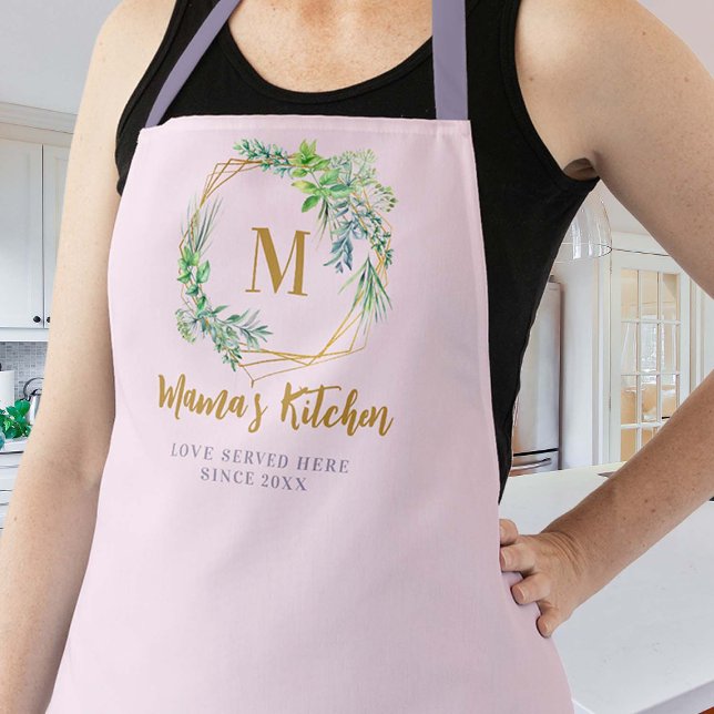 Mom Apron Aromatic Herbs Purple Gold Pink Monogram (mom pink apron christmas gift aromatic herbs love served here cute pretty gold wreath hexagon custom)