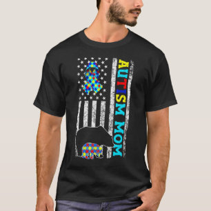 Mom Autism Awareness American Flag Bear Puzzle Fam T-Shirt