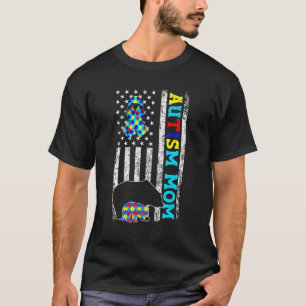 Mom Autism Awareness American Flag Bear Puzzle Fam T-Shirt