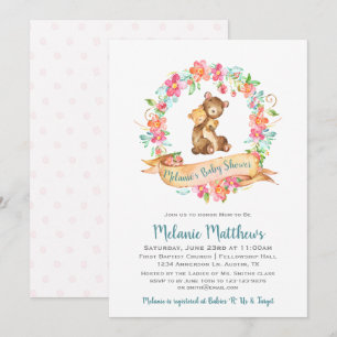Mom Baby Bear Watercolor Floral Wreath Baby Shower Invitation