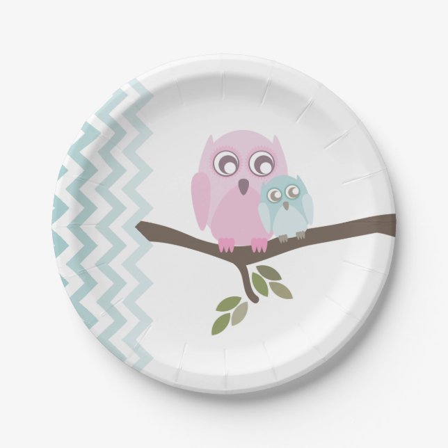 Mom + Baby Boy Owl Baby Shower Paper Plate (Front)