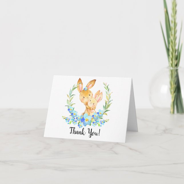 Mom & Baby Bunny Boys Shower Thank You Note (Front)