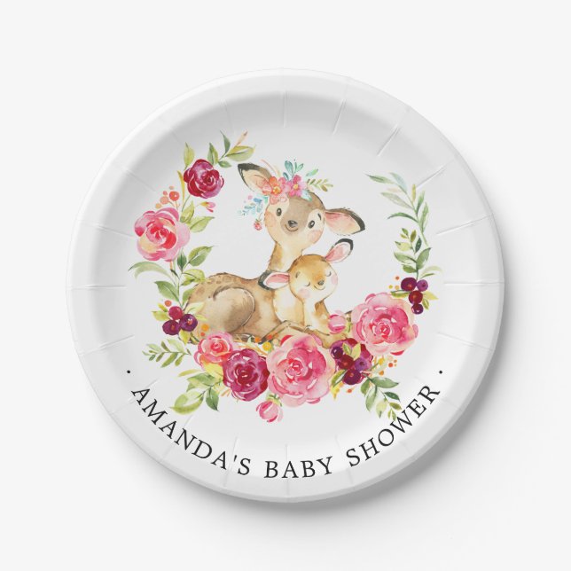 Mom & Baby Deer Girls Baby Shower 7" Plate (Front)