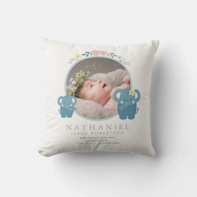 Mom & Baby Elephant Blue Photo Baby Stats Throw Pillow (Front)