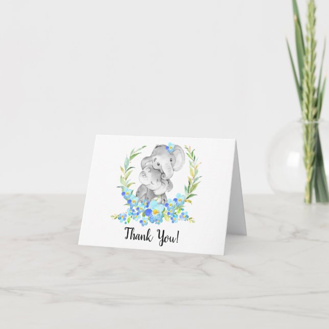 Mom & Baby Elephant Boys Shower Thank You Note (Front)