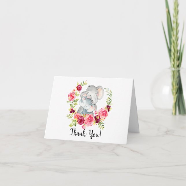 Mom & Baby Elephant Girls Shower Thank You Note (Front)