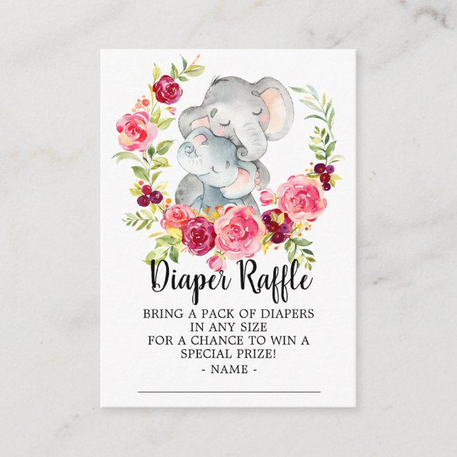 Mom & Baby Elephant Shower Diaper Raffle Ticket Enclosure Card (Front)