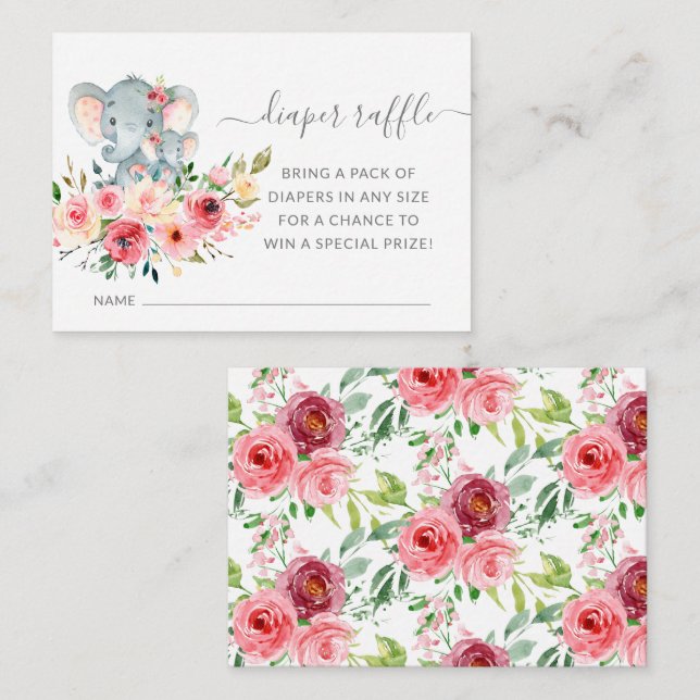Mom & Baby Elephant Shower Diaper Raffle Ticket Enclosure Card (Front/Back)
