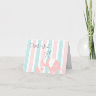Mom & Baby Elephant Thank You Card- Pink & Aqua Card