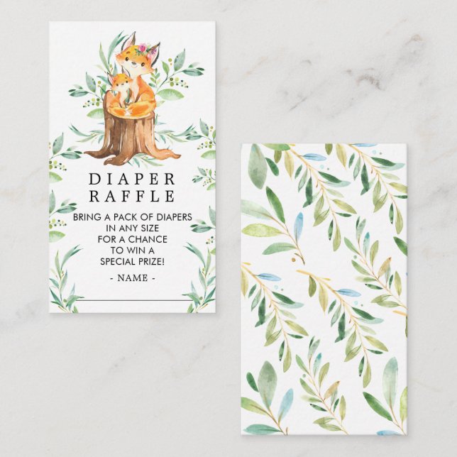 Mom & Baby Fox Baby Shower Diaper Raffle Ticket Enclosure Card (Front/Back)