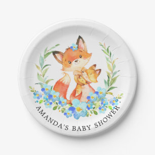 Mom & Baby Fox Boys Baby Shower 7" Plate