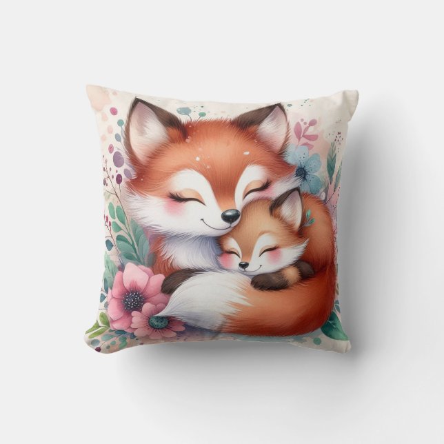 Mom & Baby Fox Throw Pillow (Front)