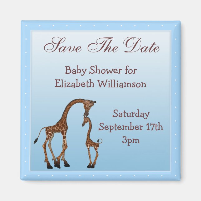 Mom & Baby Giraffe Blue Save the Date Baby Shower Magnet (Front)