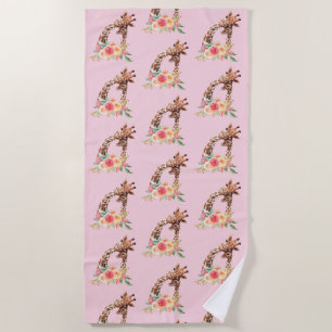 Mom & baby Giraffe Pair Cute Watercolor Pattern Beach Towel