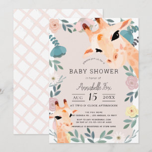 Mom & Baby Giraffe Pink Floral Baby Shower Invitation