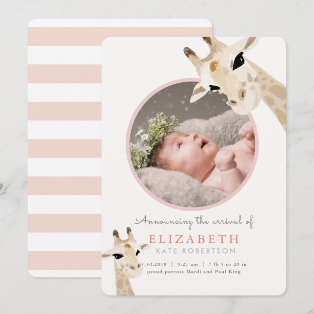 Mom & Baby Giraffe Pink Photo Birth Announcement (Front/Back)