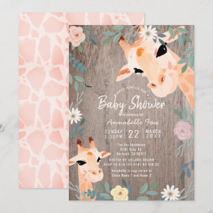 Mom & Baby Giraffe Rustic Wood Floral Baby Shower Invitation
