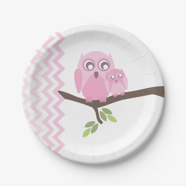 Mom + Baby Girl Owl Baby Shower Paper Plate (Front)