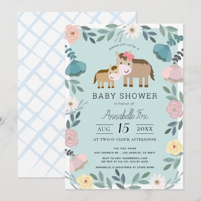 Mom & Baby Horse Blue Floral Garden Baby Shower Invitation (Front/Back)